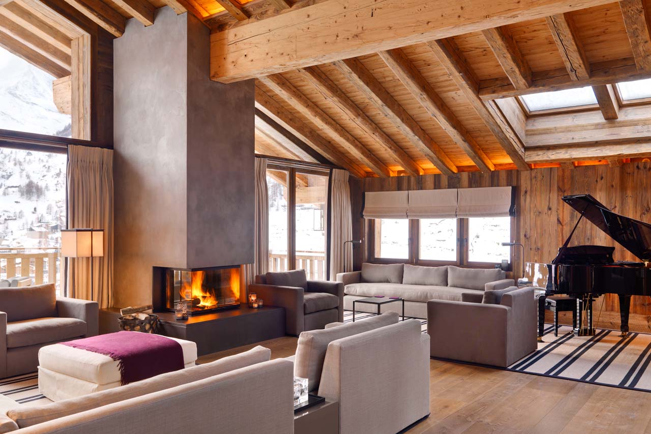 Chalet Les Anges Zermatt living room with fireplace