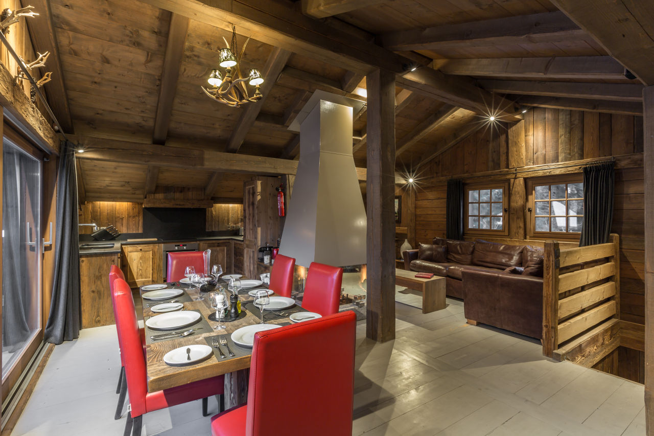 Open plan living and dining area and kitchen at Chalet Baby Bear in Chamonix