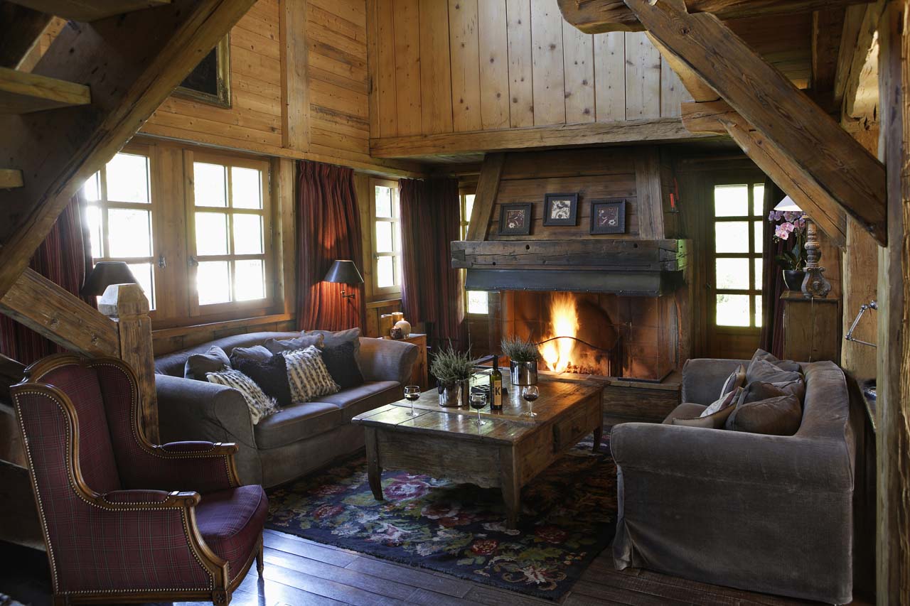 Chalet Chatel Megeve living room with fireplace