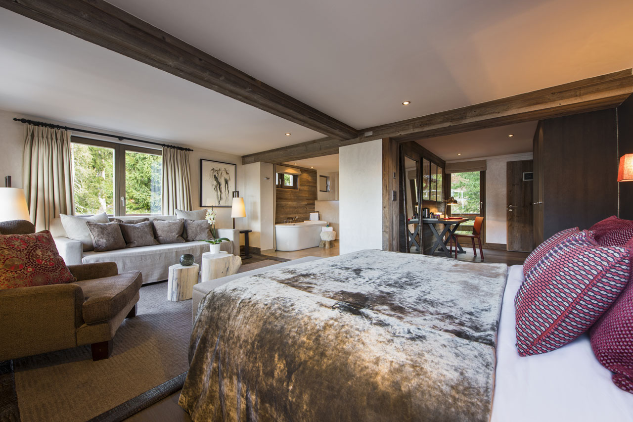 The Lodge Verbier large bedroom with open bathroom and sitting area