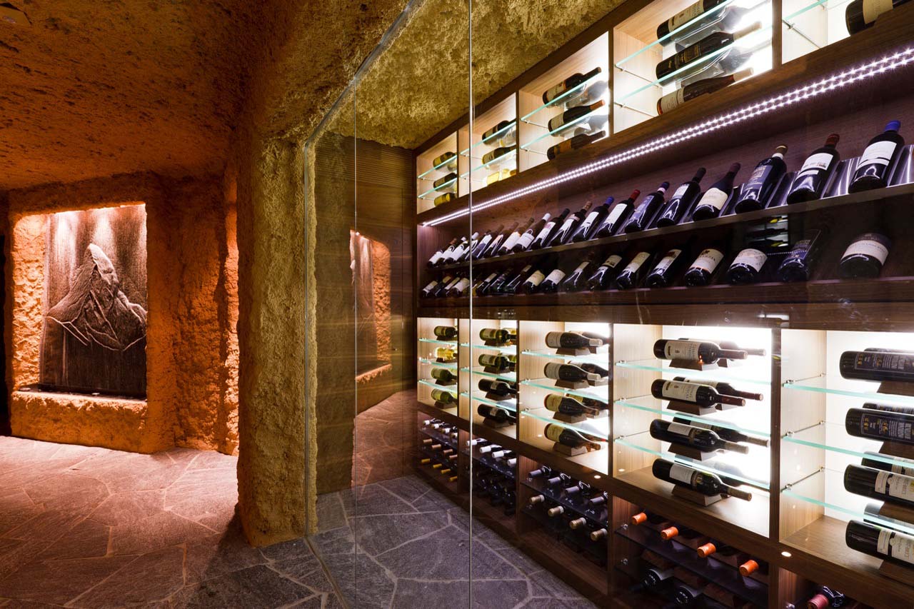 Extensive collection of fine wines and champagne in wine cellar at Chalet Zermatt Peak in Zermatt